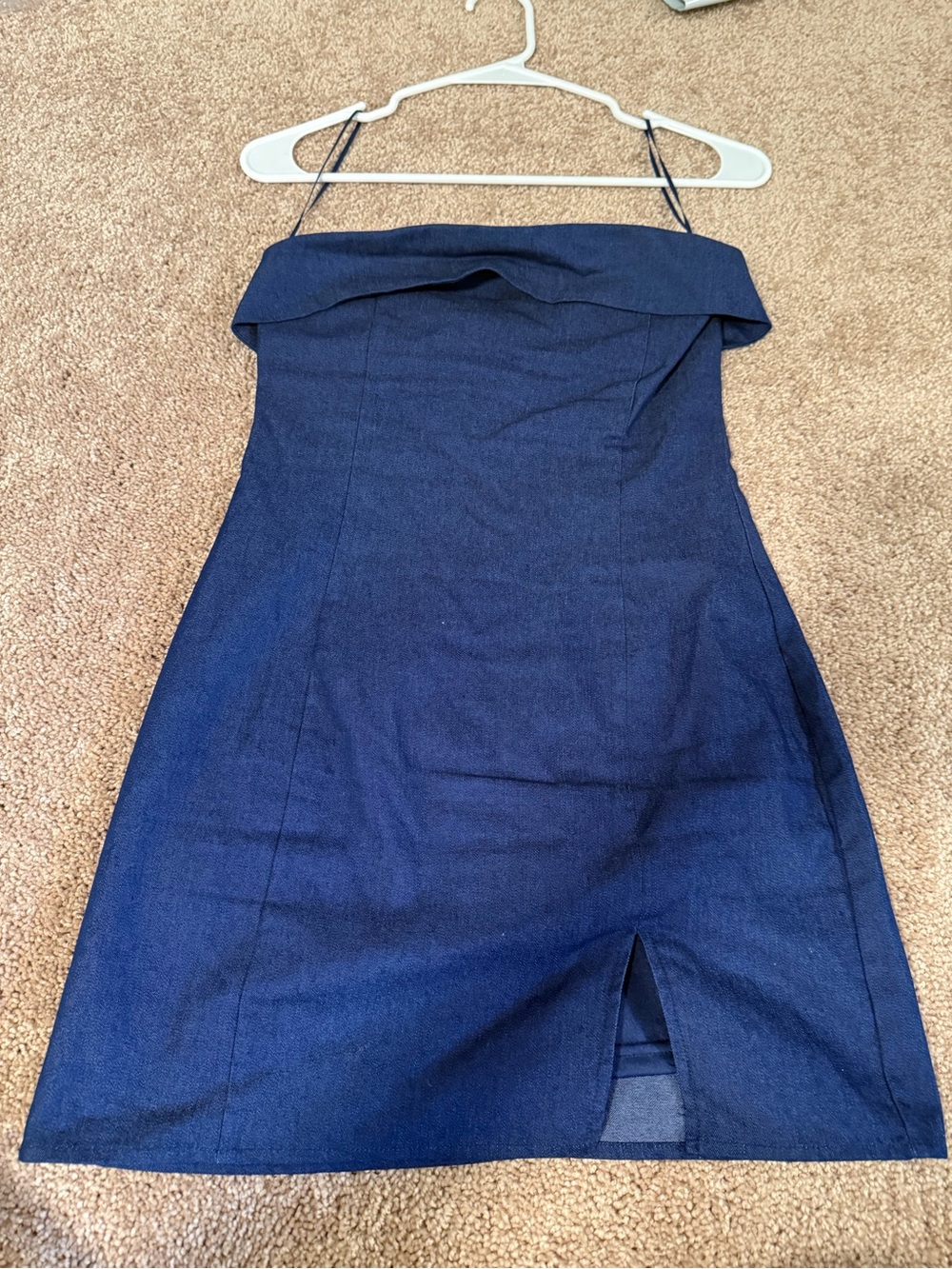 Strapless Navy Blue Sheath Dress with Front Slit